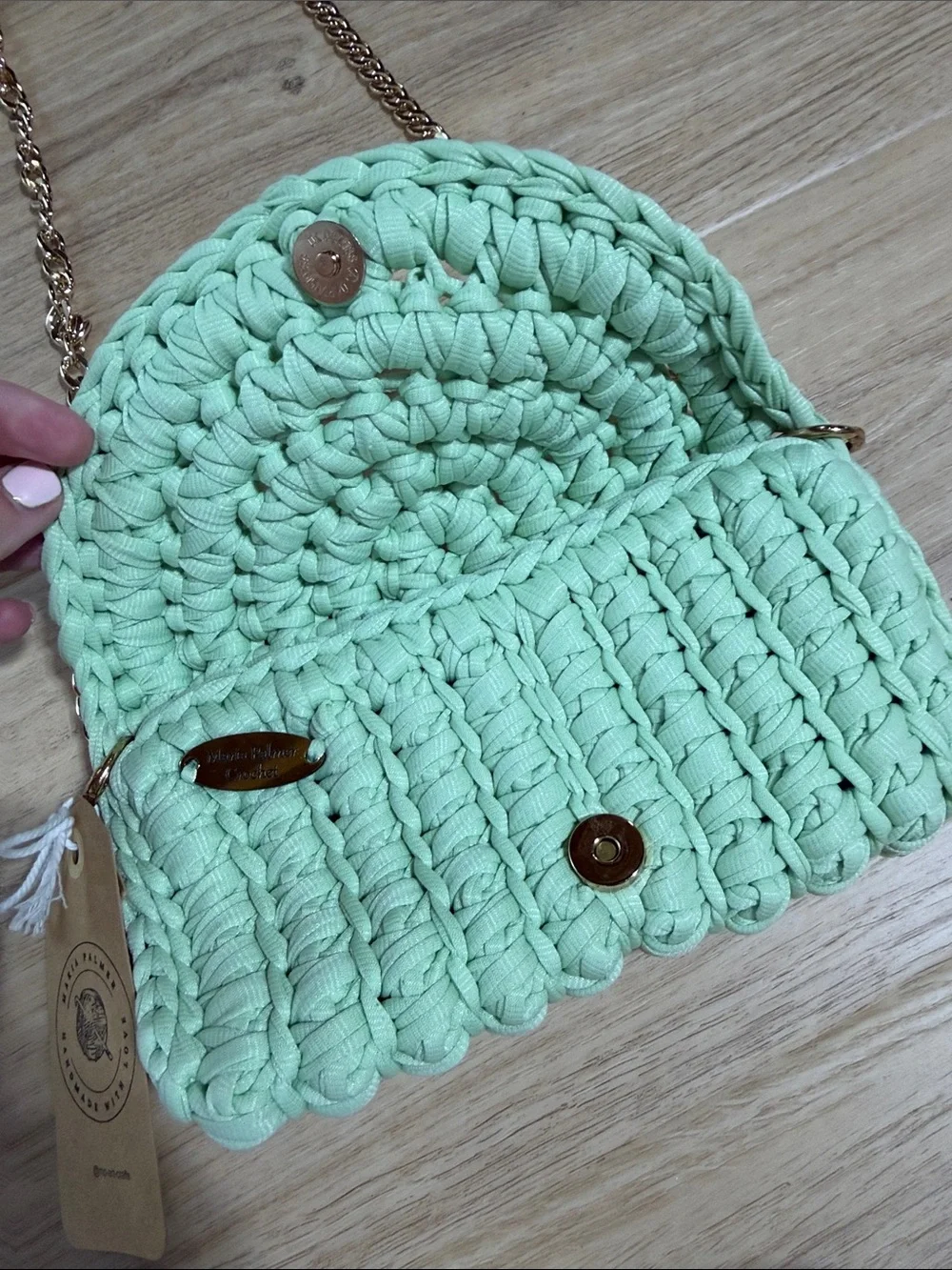 Handmade Mint Green Crochet Chain Shoulder Bag with gold chain NWT